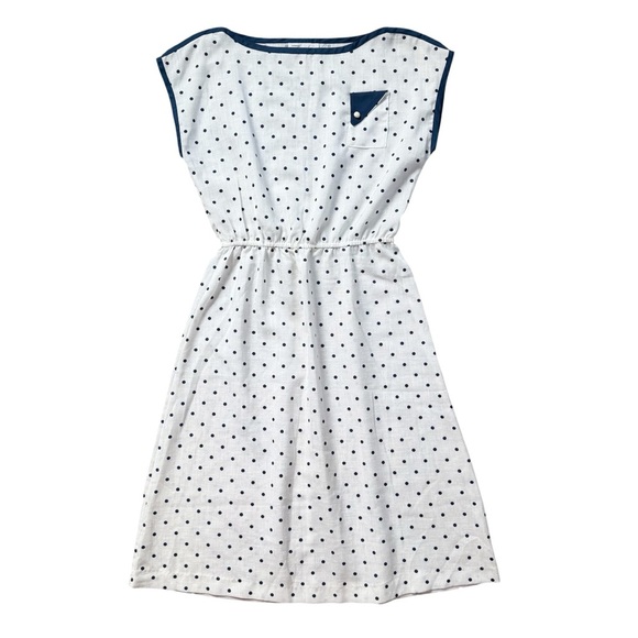Vintage 80s The Dress Express Blue And White Polka Dot Rayon Blend Dress - Picture 8 of 9